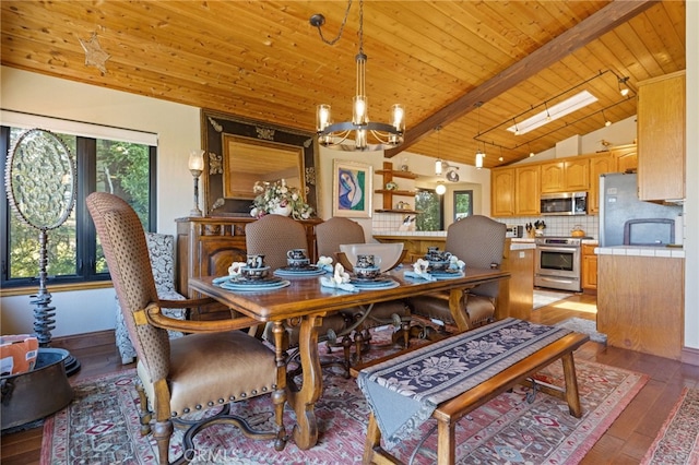 1760 Stuart St, Cambria, CA 93428 - dining room featuring a chandelier, wooden ceiling, and light wood-style floors