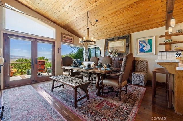 1760 Stuart St, Cambria, CA 93428 - dining area featuring a chandelier, wood-type flooring, wood ceiling, and high vaulted ceiling