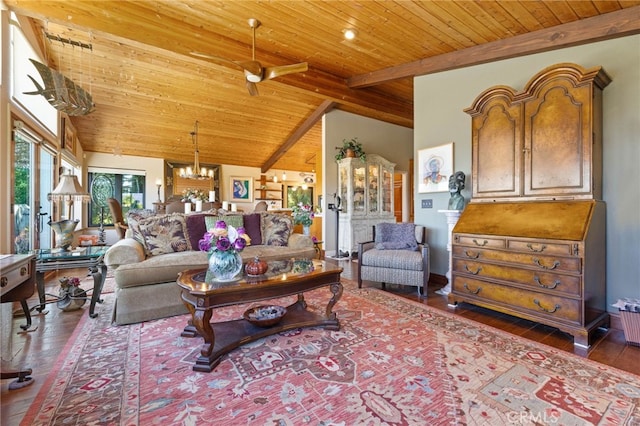 1760 Stuart St, Cambria, CA 93428 - living area featuring wood ceiling, hardwood / wood-style flooring, and a chandelier