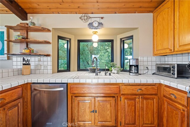 1760 Stuart St, Cambria, CA 93428 - kitchen with a sink, wooden ceiling, dishwasher, backsplash, and open shelves