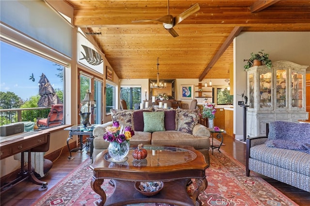 1760 Stuart St, Cambria, CA 93428 - living room featuring wooden ceiling, hardwood / wood-style floors, vaulted ceiling, a ceiling fan, and an office area