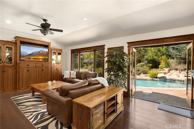 5121 E Lomita Ave, Orange, CA 92869 - living room with ceiling fan, plenty of natural light, wood finished floors, lofted ceiling, and recessed lighting