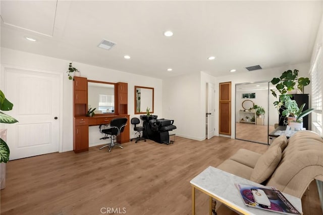 5121 E Lomita Ave, Orange, CA 92869 - living room featuring a desk, light wood finished floors, recessed lighting, and baseboards