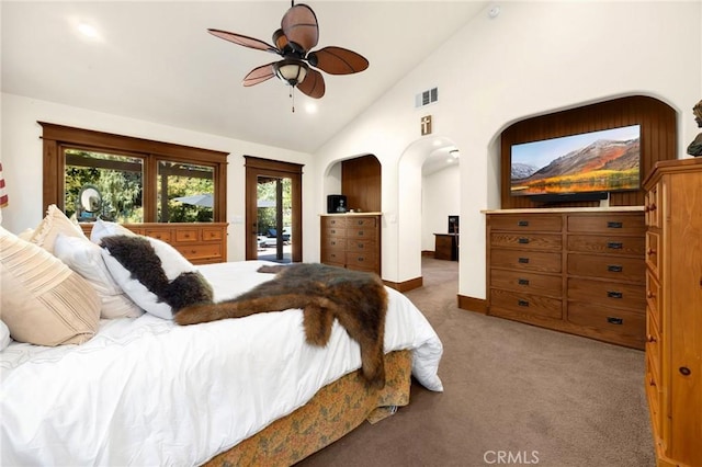 5121 E Lomita Ave, Orange, CA 92869 - bedroom featuring carpet flooring, access to outside, arched walkways, a ceiling fan, and high vaulted ceiling