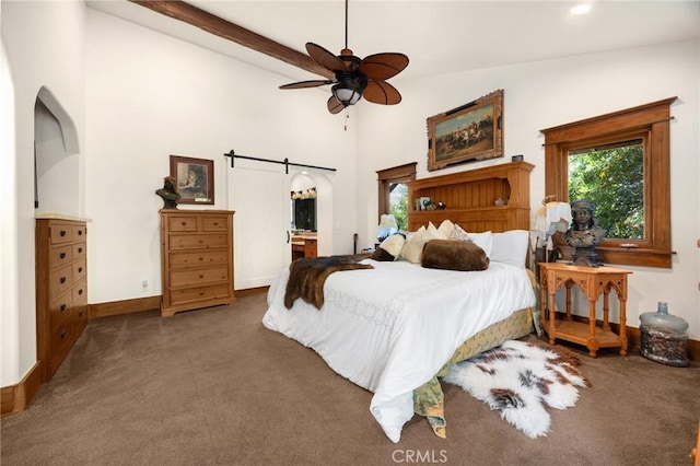 5121 E Lomita Ave, Orange, CA 92869 - bedroom with carpet floors, a barn door, baseboards, high vaulted ceiling, and a ceiling fan