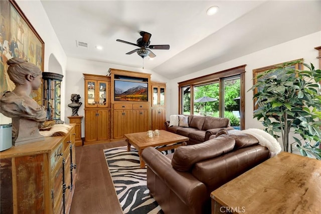 5121 E Lomita Ave, Orange, CA 92869 - living area featuring ceiling fan, wood finished floors, lofted ceiling, and recessed lighting