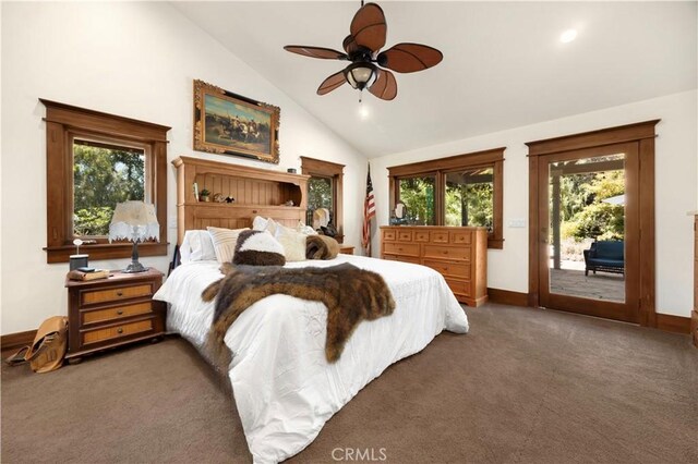 5121 E Lomita Ave, Orange, CA 92869 - bedroom featuring access to outside, carpet, multiple windows, baseboards, and high vaulted ceiling