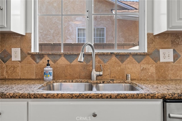 4033 N N Lang Ave, Covina, CA 91722 - kitchen view of a sink, white cabinetry, decorative backsplash, and dark stone countertops