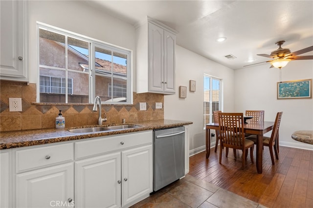 4033 N N Lang Ave, Covina, CA 91722 - kitchen featuring dishwasher, a sink, baseboards, decorative backsplash, and ceiling fan