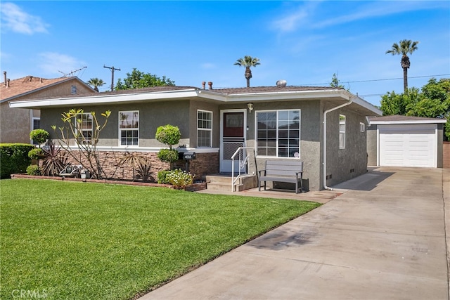 4033 N N Lang Ave, Covina, CA 91722 - ranch-style home featuring stucco siding, concrete driveway, an outbuilding, a front lawn, and stone siding