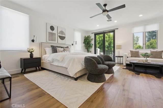 4322 Alcove Ave, Studio City, CA 91604 - bedroom with wood finished floors, recessed lighting, and a ceiling fan