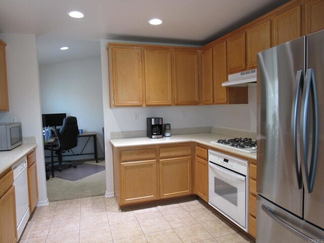 1362 Buckwheat Trl, Campo, CA 91906 - kitchen with white appliances, light countertops, recessed lighting, and light carpet