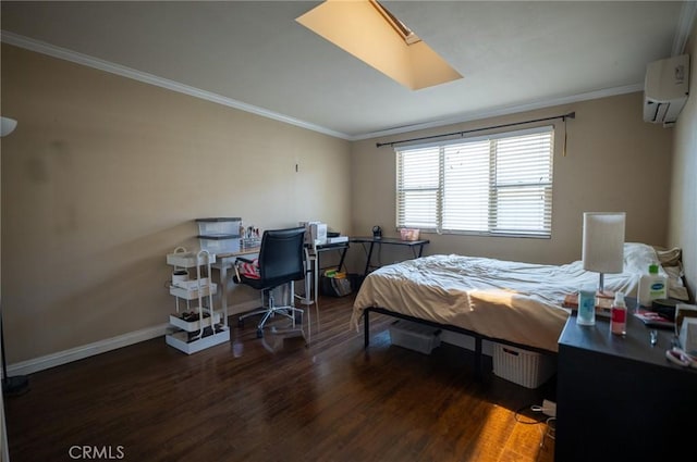 161 N Cota St, Corona, CA 92882 - bedroom with an AC wall unit, wood finished floors, ornamental molding, baseboards, and a desk