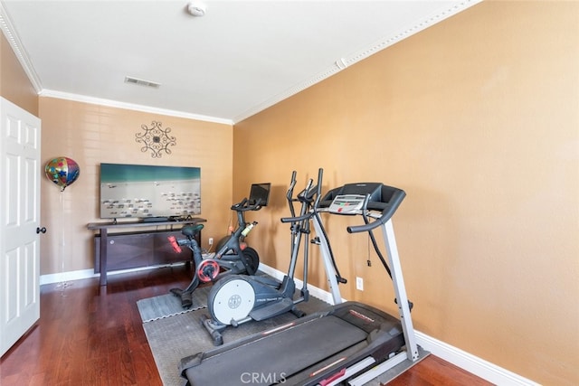 4127 Forest Highlands Cir, Corona, CA 92883 - workout area featuring baseboards, wood finished floors, and ornamental molding