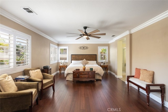 4127 Forest Highlands Cir, Corona, CA 92883 - bedroom with dark wood-style flooring, baseboards, ornamental molding, and a ceiling fan