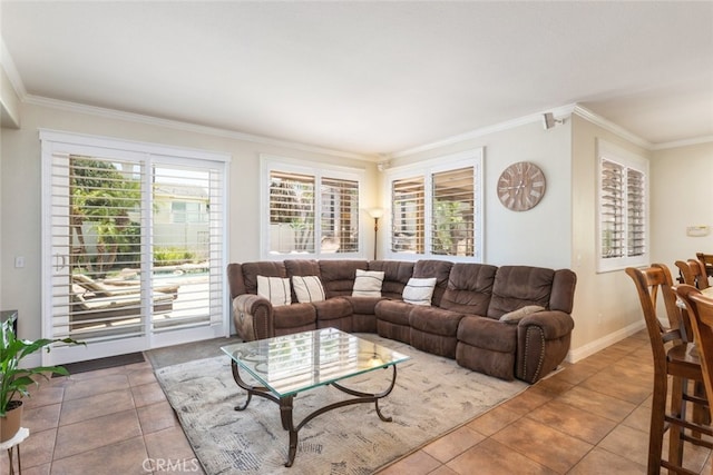 4127 Forest Highlands Cir, Corona, CA 92883 - living area featuring ornamental molding, tile patterned flooring, and baseboards