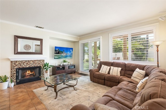 4127 Forest Highlands Cir, Corona, CA 92883 - tiled living area with ornamental molding and a tile fireplace