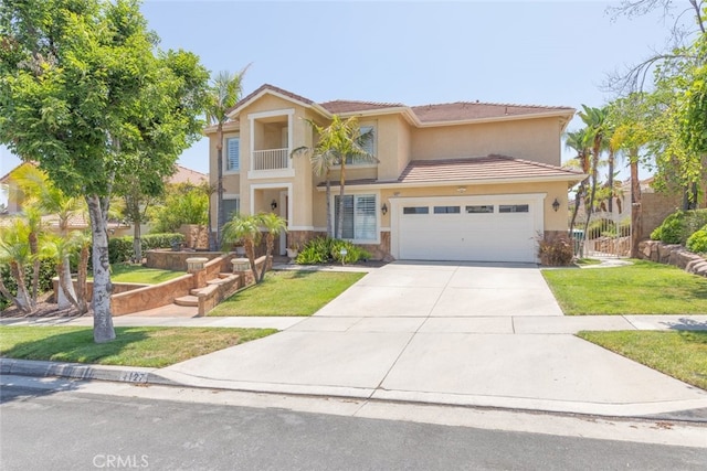 4127 Forest Highlands Cir, Corona, CA 92883 - view of front of home with stucco siding, driveway, a front yard, an attached garage, and a tiled roof