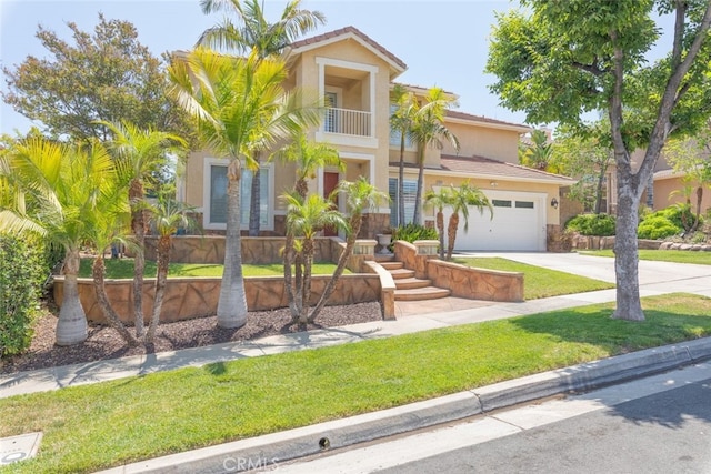 4127 Forest Highlands Cir, Corona, CA 92883 - view of front of property with stucco siding, concrete driveway, an attached garage, and a front yard