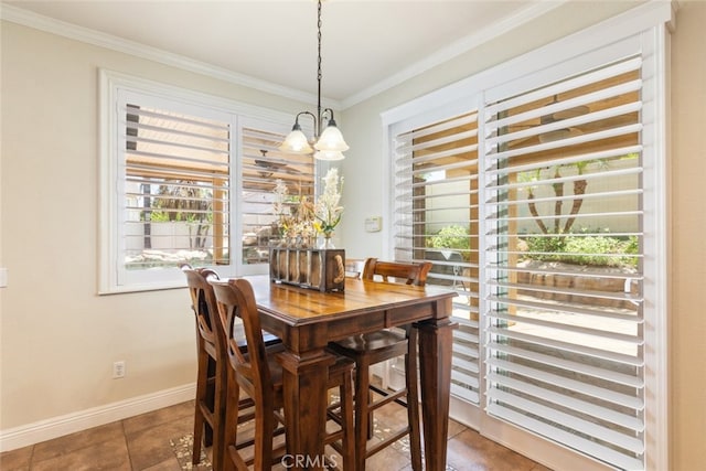 4127 Forest Highlands Cir, Corona, CA 92883 - dining space featuring ornamental molding, healthy amount of natural light, tile patterned flooring, baseboards, and a chandelier