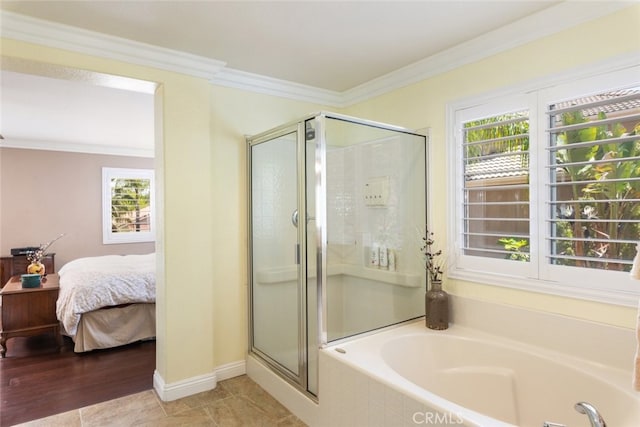 4127 Forest Highlands Cir, Corona, CA 92883 - full bathroom featuring a stall shower, a garden tub, ornamental molding, and ensuite bathroom