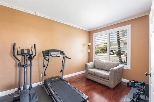 4127 Forest Highlands Cir, Corona, CA 92883 - exercise room with ornamental molding, baseboards, and wood finished floors