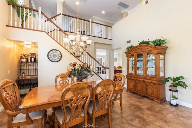 4127 Forest Highlands Cir, Corona, CA 92883 - tiled dining space with baseboards, stairs, a towering ceiling, ornamental molding, and a chandelier