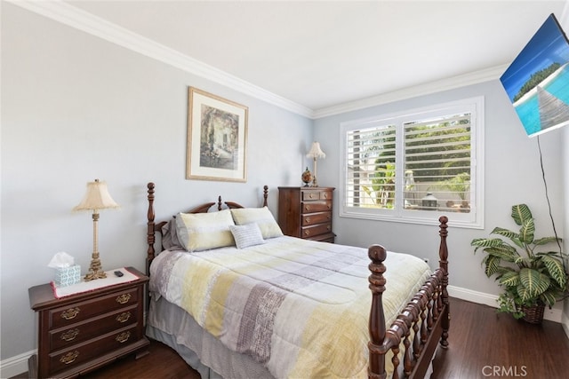 4127 Forest Highlands Cir, Corona, CA 92883 - bedroom featuring baseboards, dark wood-type flooring, and ornamental molding