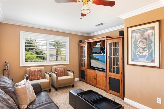 4127 Forest Highlands Cir, Corona, CA 92883 - living area featuring light carpet, ornamental molding, a ceiling fan, and baseboards