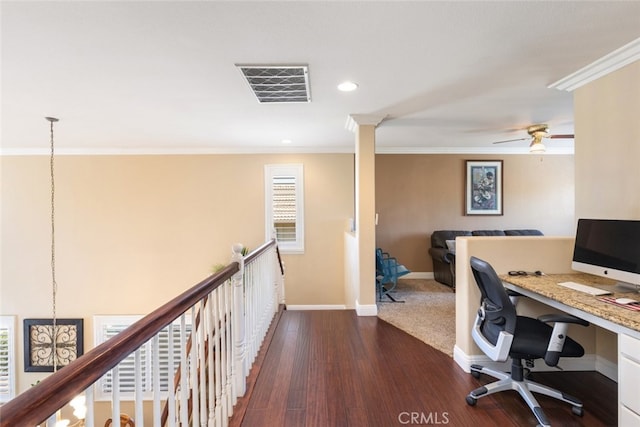 4127 Forest Highlands Cir, Corona, CA 92883 - office space with crown molding, dark wood-type flooring, baseboards, a ceiling fan, and recessed lighting