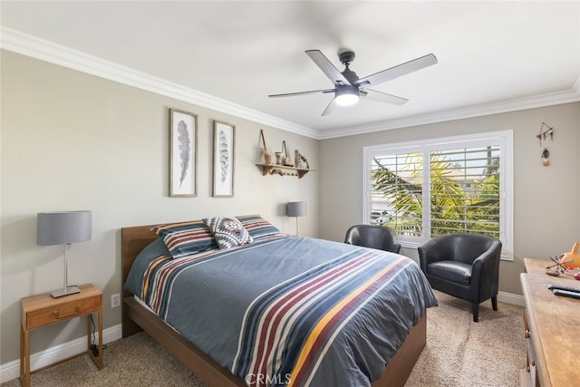 4127 Forest Highlands Cir, Corona, CA 92883 - bedroom featuring baseboards, light carpet, ornamental molding, and a ceiling fan