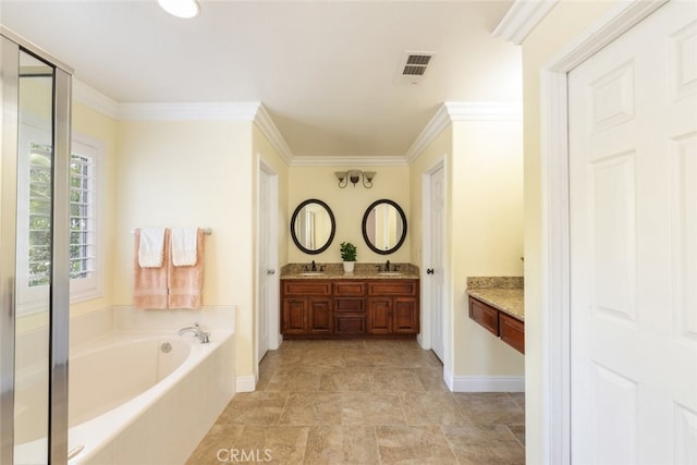 4127 Forest Highlands Cir, Corona, CA 92883 - full bathroom featuring double vanity, a garden tub, baseboards, crown molding, and stone finish floors