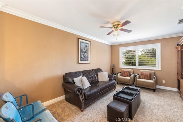 4127 Forest Highlands Cir, Corona, CA 92883 - living room featuring light colored carpet, baseboards, a ceiling fan, and ornamental molding
