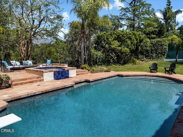 4144 Chevy Chase Dr, La Canada Flintridge, CA 91011 - outdoor pool with an in-ground hot tub, a lawn, a patio area, and a diving board