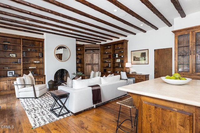 4144 Chevy Chase Dr, La Canada Flintridge, CA 91011 - living room featuring beam ceiling, dark wood finished floors, and built in shelves
