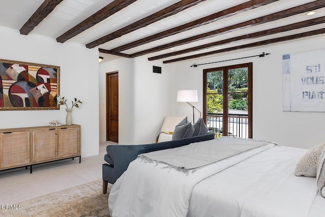 4144 Chevy Chase Dr, La Canada Flintridge, CA 91011 - bedroom featuring access to exterior, beamed ceiling, and light colored carpet