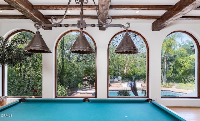 4144 Chevy Chase Dr, La Canada Flintridge, CA 91011 - playroom with billiards table, wood finished floors, and beamed ceiling