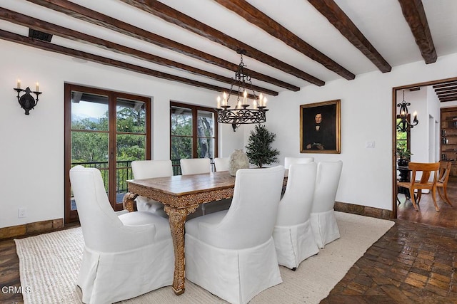 4144 Chevy Chase Dr, La Canada Flintridge, CA 91011 - dining area with a chandelier, baseboards, beam ceiling, and stone finish flooring