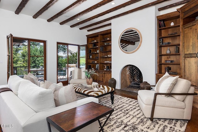 4144 Chevy Chase Dr, La Canada Flintridge, CA 91011 - living area featuring beamed ceiling, light wood-style flooring, built in features, recessed lighting, and a fireplace