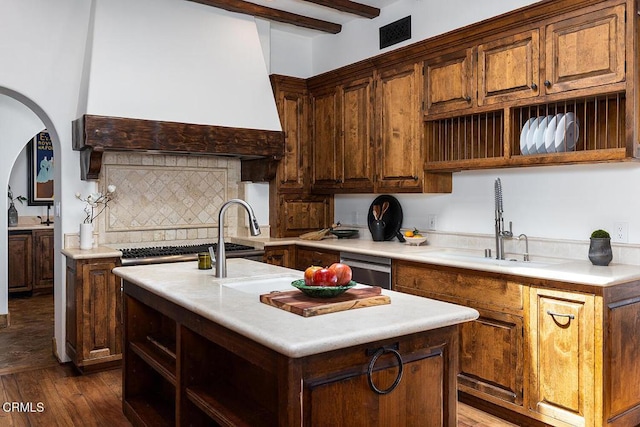 4144 Chevy Chase Dr, La Canada Flintridge, CA 91011 - kitchen with a sink, premium range hood, open shelves, backsplash, and beam ceiling