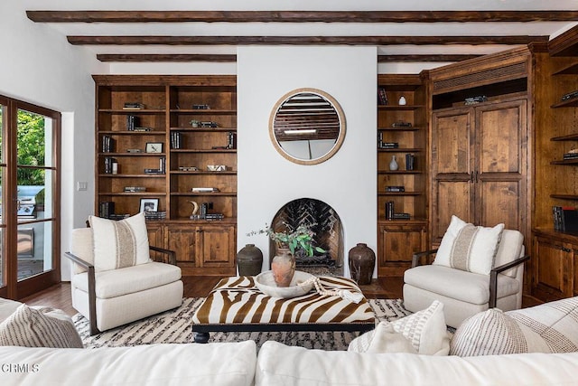 4144 Chevy Chase Dr, La Canada Flintridge, CA 91011 - living room with beamed ceiling, built in features, and wood finished floors