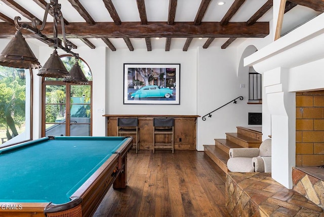4144 Chevy Chase Dr, La Canada Flintridge, CA 91011 - game room featuring wood-type flooring, beamed ceiling, recessed lighting, and pool table
