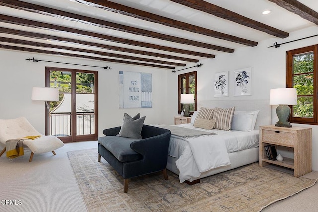 4144 Chevy Chase Dr, La Canada Flintridge, CA 91011 - carpeted bedroom with access to exterior, beamed ceiling, and recessed lighting