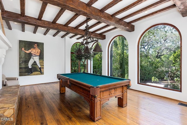 4144 Chevy Chase Dr, La Canada Flintridge, CA 91011 - rec room with beam ceiling, billiards, and hardwood / wood-style floors