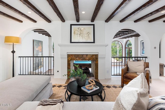 4144 Chevy Chase Dr, La Canada Flintridge, CA 91011 - living room featuring arched walkways, carpet flooring, recessed lighting, and beamed ceiling