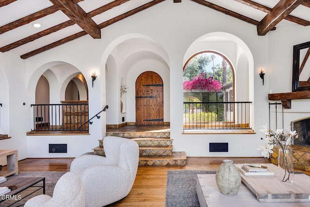 4144 Chevy Chase Dr, La Canada Flintridge, CA 91011 - living room featuring beam ceiling, hardwood / wood-style flooring, recessed lighting, and a tile fireplace