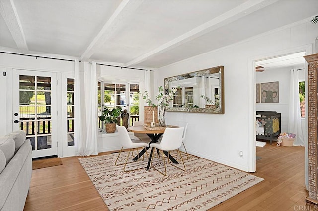 17030 Grand Ave, Lake Elsinore, CA 92530 - dining space featuring beamed ceiling, wood finished floors, and french doors