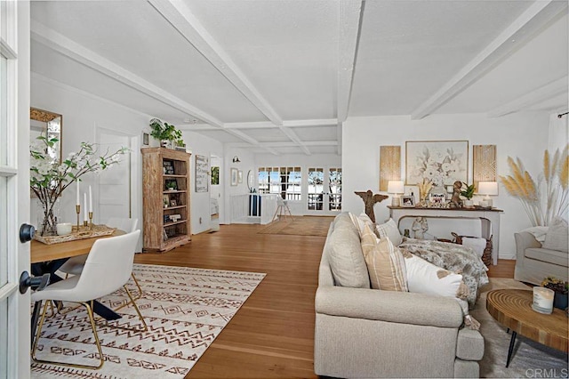 17030 Grand Ave, Lake Elsinore, CA 92530 - living room with wood finished floors, beamed ceiling, and coffered ceiling