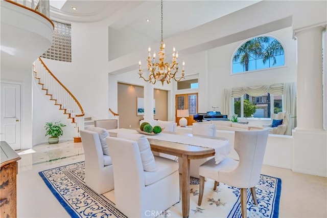 48 Via Porto Grande, Rancho Palos Verdes, CA 90275 - dining room with a high ceiling, ornate columns, stairway, a chandelier, and recessed lighting
