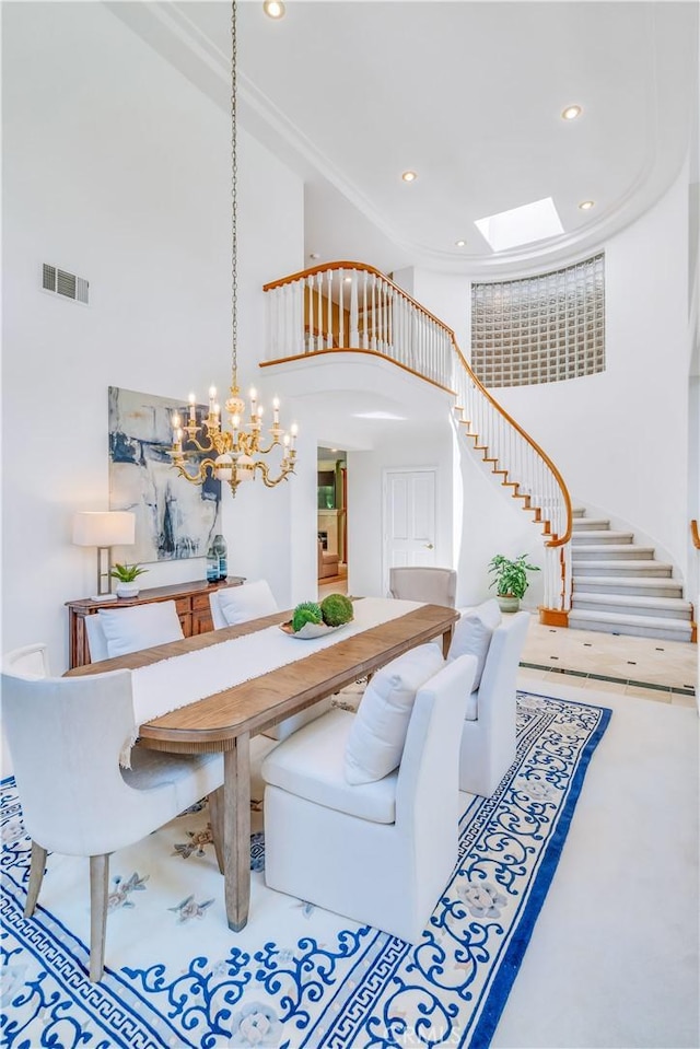 48 Via Porto Grande, Rancho Palos Verdes, CA 90275 - dining room featuring a high ceiling, stairs, recessed lighting, a chandelier, and a skylight
